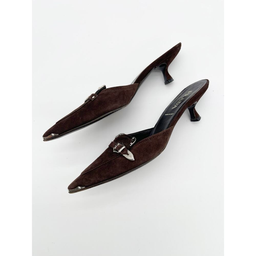 Prada Retro Vintage Y2K Brown Suede Western Buckle Kitten Heel Mules IT 35 - Picture 5 of 10